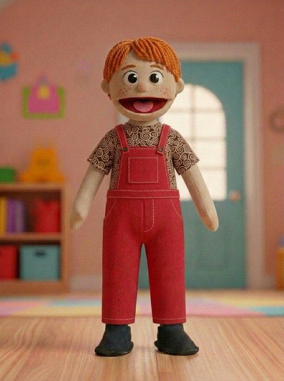 Cacau, boneco ruivo de macacão vermelho
