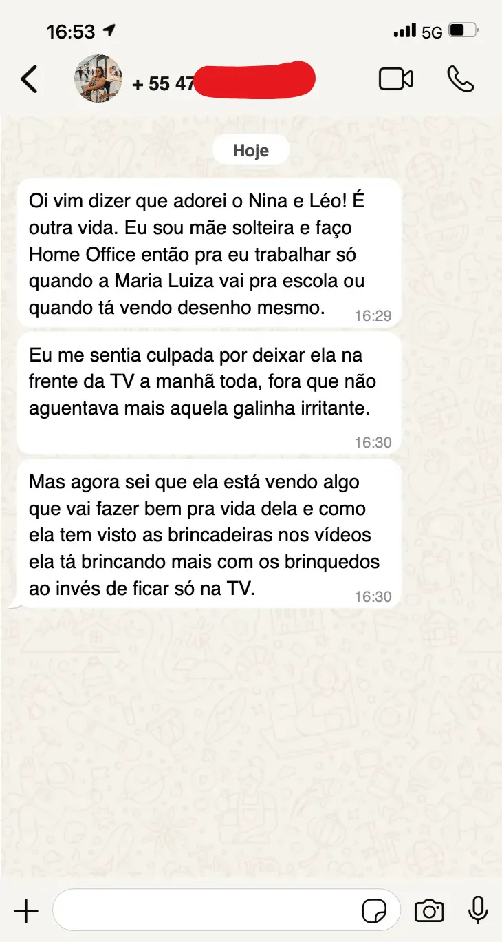 Print de depoimento de mãe sobre o Nina e Léo