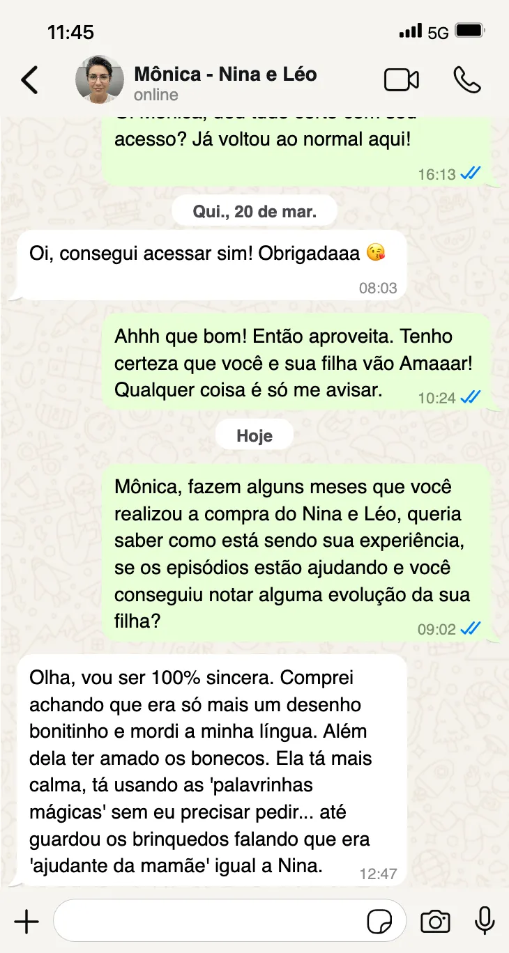 Print de depoimento de mãe sobre o Nina e Léo
