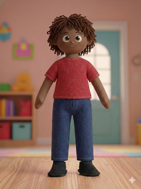 Davi, boneco de cabelo castanho cacheado e camiseta vermelha