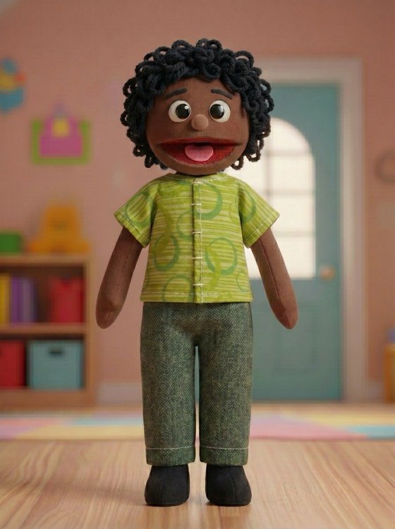 Léo, boneco de cabelo preto encaracolado e camisa verde