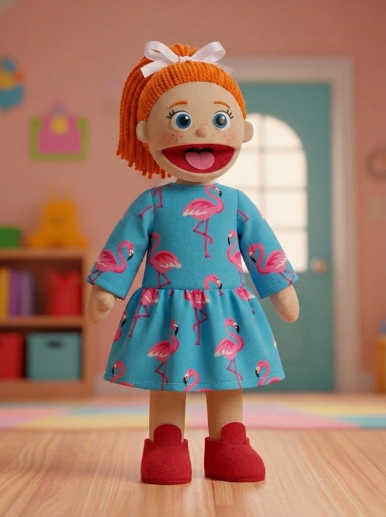 Sara, boneca ruiva de vestido azul com flamingos