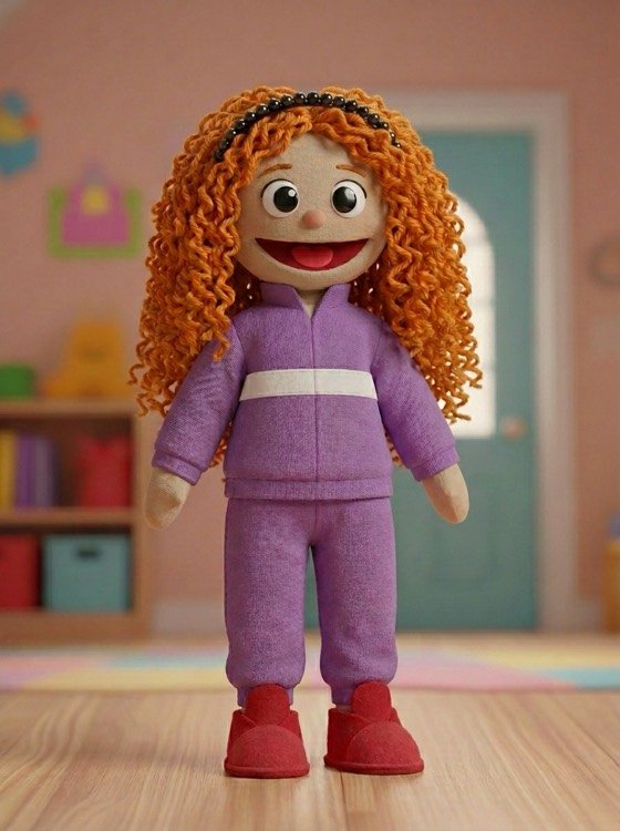 Sofia, boneca de cabelo cacheado ruivo e conjunto lilás